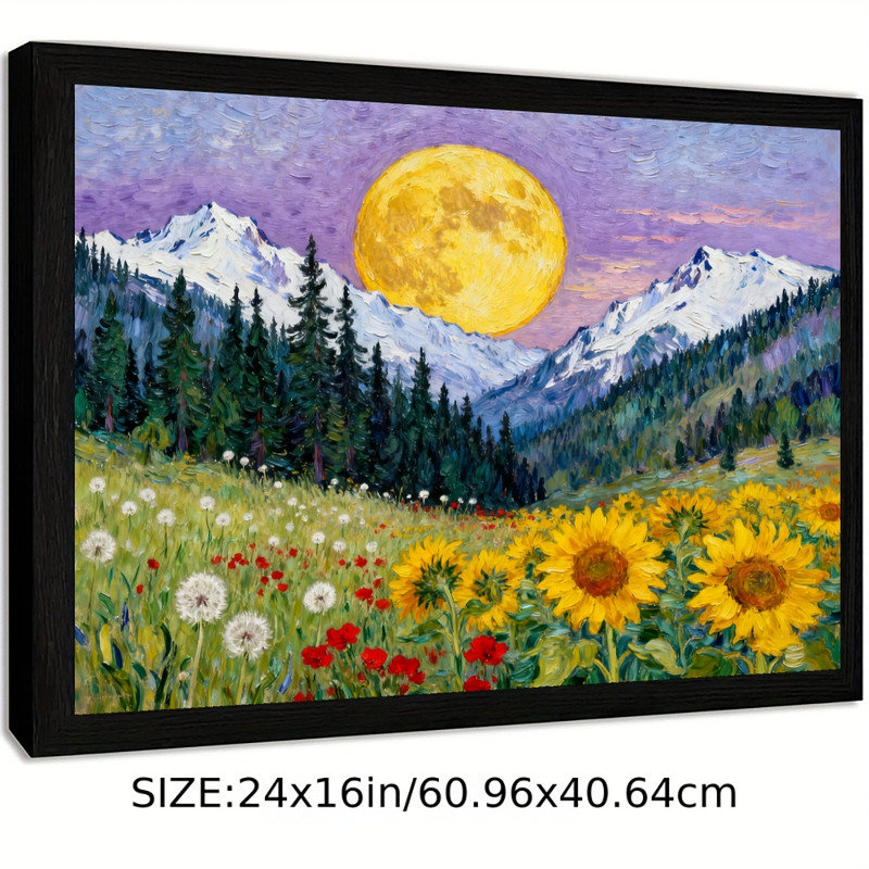 «Moonlit Pine Forest», encadré noir, pleine lune, peinture de champ de fleurs sauvages, art mural paysage nature Moody Mystical