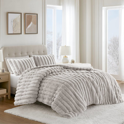 Édredon 3 pièces en fausse fourrure de couleur grise avec housse de coussin décoratif lavable à la machine pour coussins sécuritaires 3 pièces