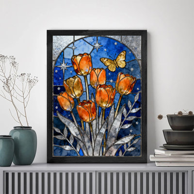 Art encadré noir, belles fleurs qui attirent des papillons dorés, impressions sur toile de style rétro