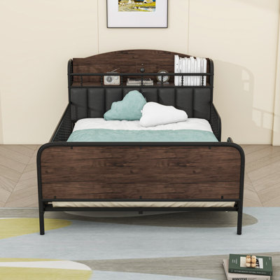 Platform Bed Frame With LED Lights, Storage Headboard And Safety Guardrails