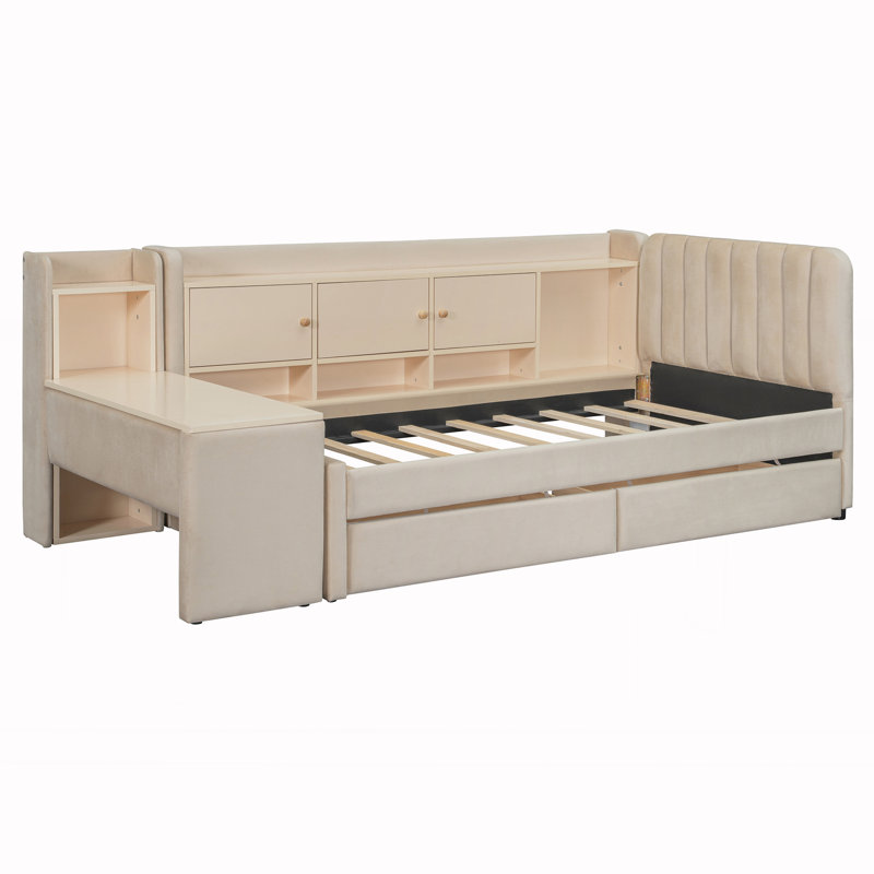 Lit de jour simple tapissier avec tiroirs, Beige