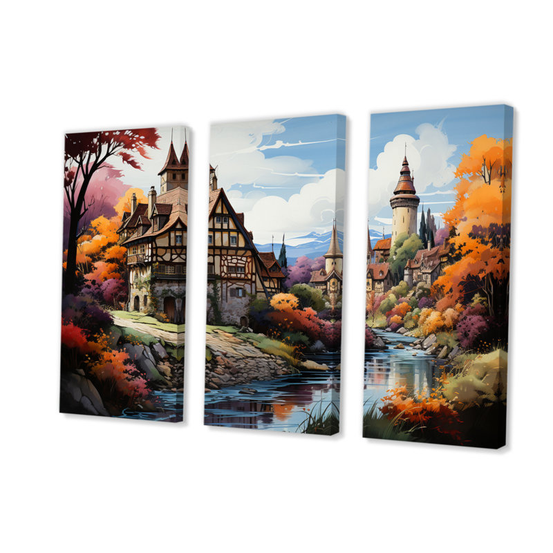 Village médiéval français en Alsace I - ensemble d'art mural français, H 32 po x l 48 po x P 1 po