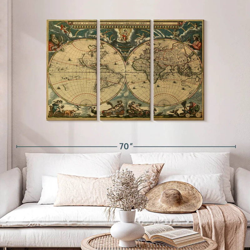 Carte du monde Aliaz des années 1600, H 32 po x l 50 po