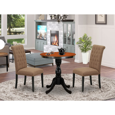 3 Piece Dining Table Set Contains a Round Dining Room Table with Pedestal and 2 Light Sable Linen Fabric Upholstered Chairs, Black & Cherry