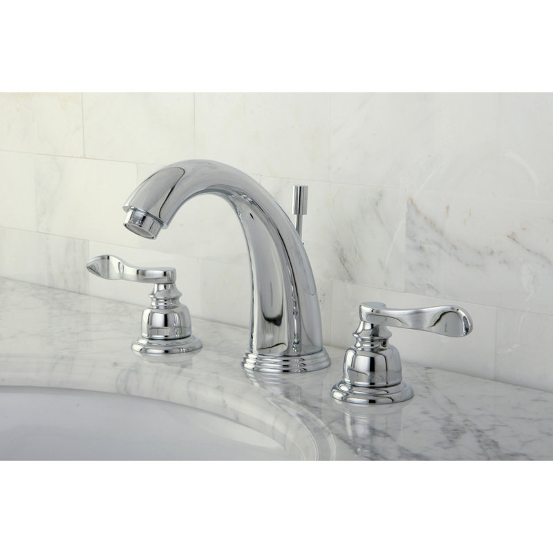 Kingston Brass NuWave French Two-Handle 3-Hole Deck Mount Widespread Bathroom Faucet with Retail Pop-Up Drain