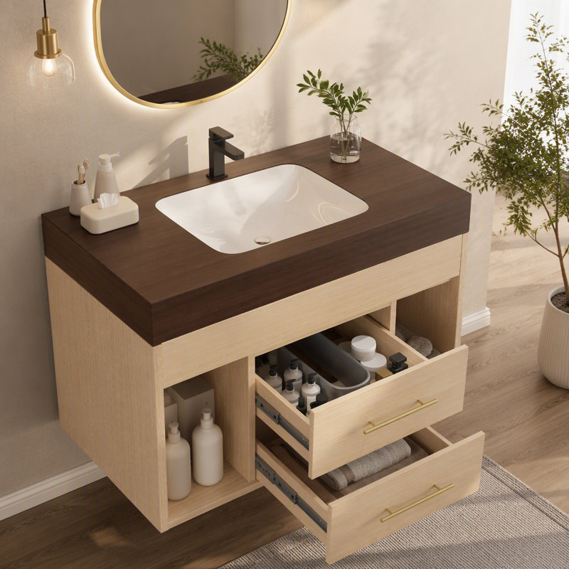Ensemble de meuble-lavabo mural flottant 29,9 po, Noyer, bois