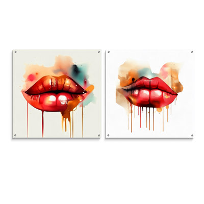 Red Lips Of Luxury I - Fashion Acrylic Wall Art Glass Set Of 2