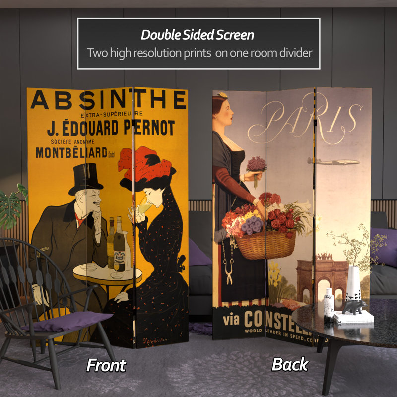 72" x 55" Double Sided Absinthe 3 Panel Room Divider