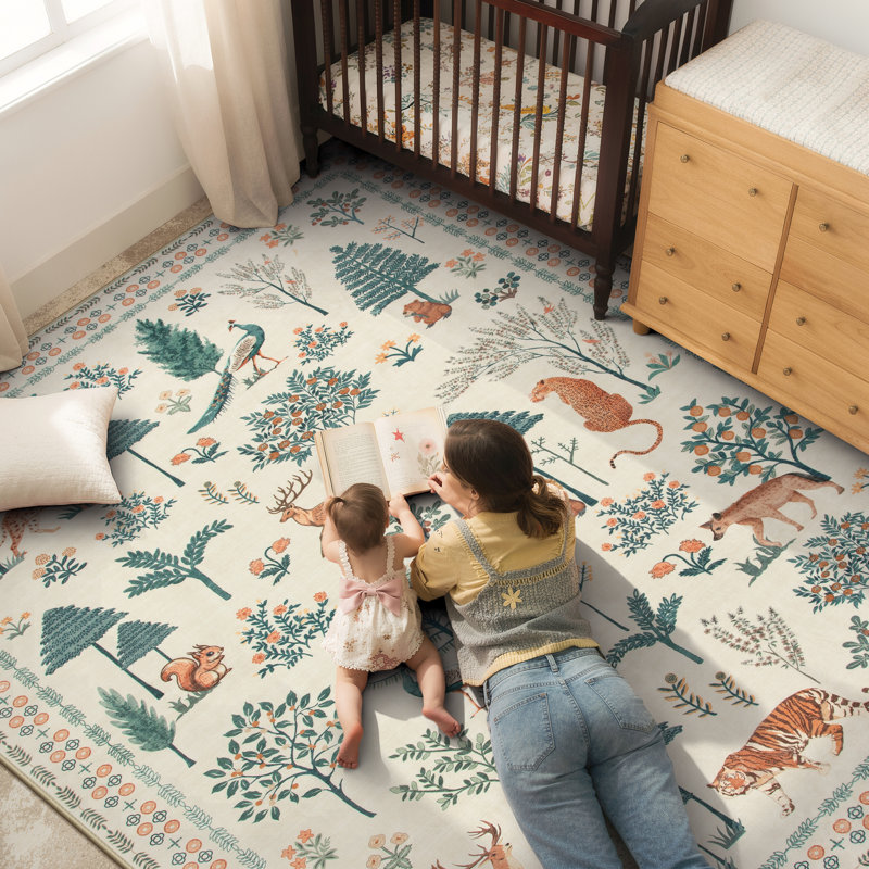 Garbrand Jungle Animal & Floral Washable Beige 8X10 Area Rugs - Ultra Thin Non Slip Rug For Living Room Bedroom Kids Room / Nursery
