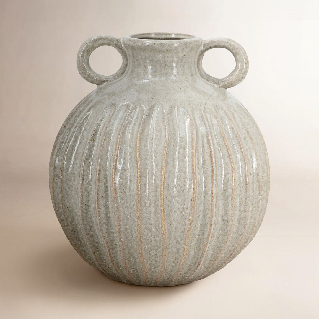 Tifton Decorative Round Ceramic Flower Vase with Small Handles and Textured Motif - 9" x 9" x 10" - Gold Joss & Main