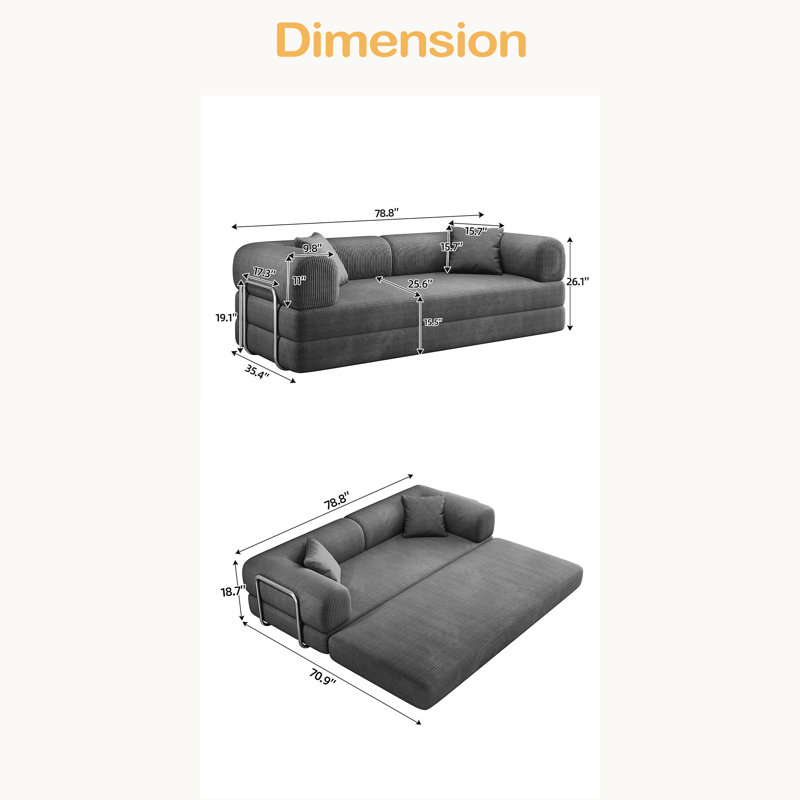 Canapé à compression de 78,8 po, canapé-lit convertible au sol avec accoudoirs de soutien pour dossier, canapé-lit futon confortable, causeuse modulaire désossée, tissu en velours côtelé