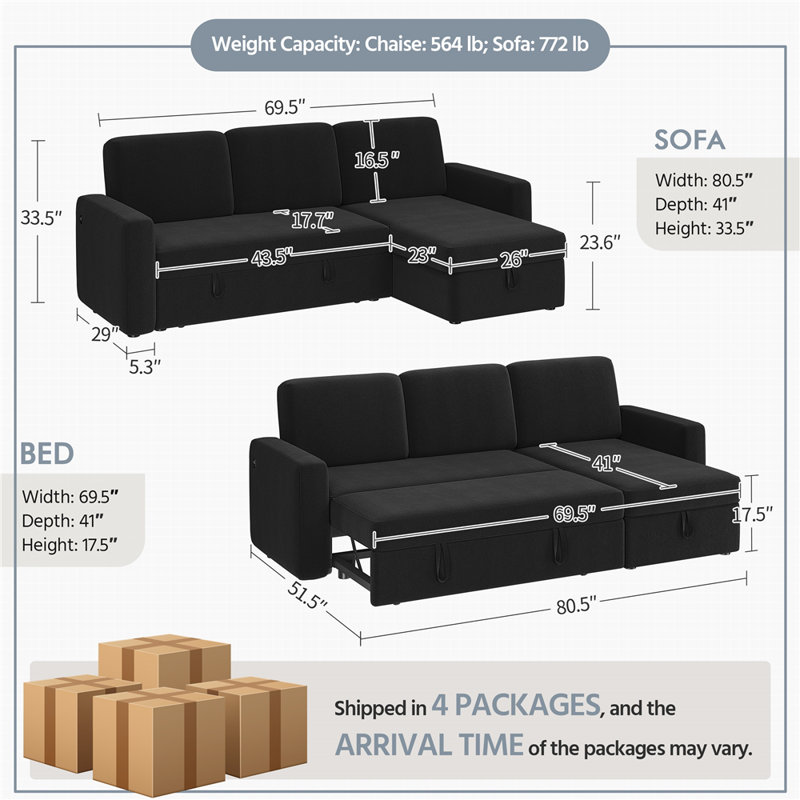 Evaro 69.5'' W Reversible Sleeper Sectional Sofa with USB Outlet, Black Linen