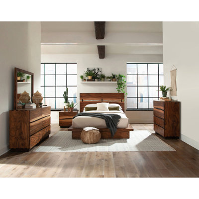 Chambre à coucher 5 pièces en noyer, lit plateforme moderne, sommier suspendu, tête de lit travaillée, commode avec rangement pour bijoux, miroir, finition noyer, sommier, tête de lit à bords naturels, tiroirs, rangement