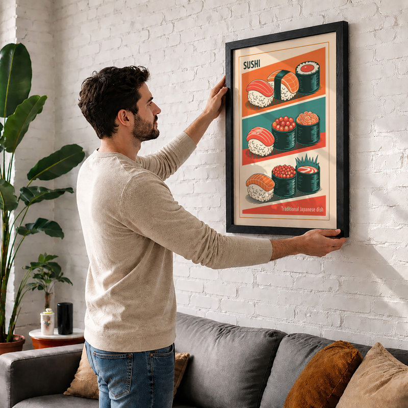 Sushi Geometry Retro - Framed Print, A3 - 42.0 x 29.7 cm, White