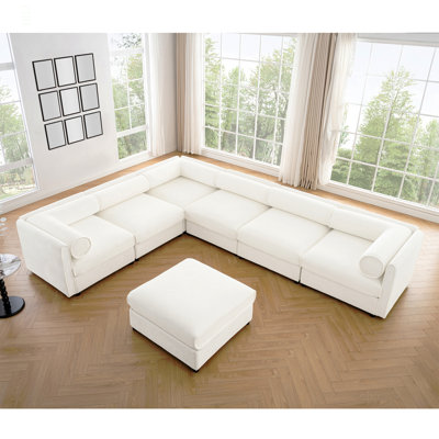 Grand canapé modulaire modulaire avec rangement Canapé modulaire en chenille pour le salon, dossier cylindrique et accoudoirs 6 places, blanc