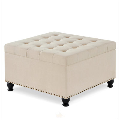 Grand repose-pieds carré avec rangement et pieds en bois, table basse capitonnée