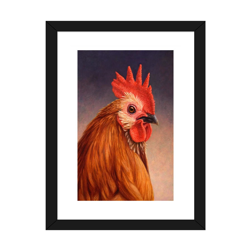 Coq par James W. Johnson - reproduction d'art, H 24 po x l 16 po x P 1 po, Papier encadré noir, Blanc