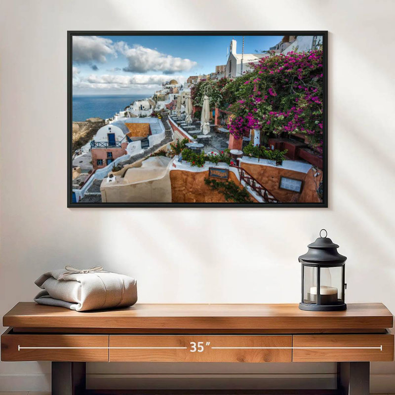 Bougainvilliers et cafés à Oia Santorini, 25 po x 17 po, Cadre flottant noir