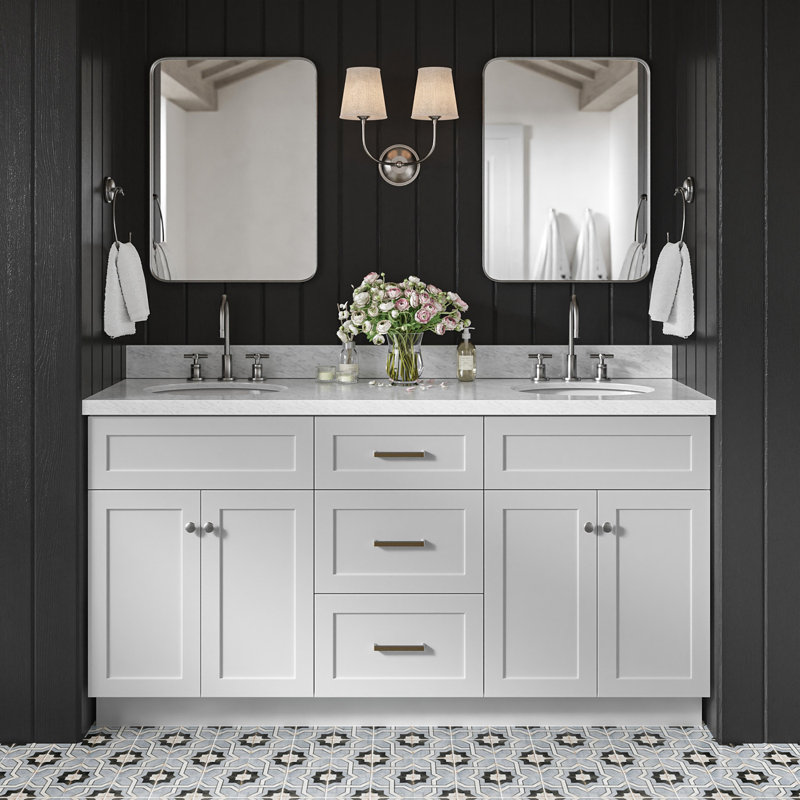 Meuble-lavabo double autoportant 67 po avec plateau en marbre de Carrare Abell, Gris