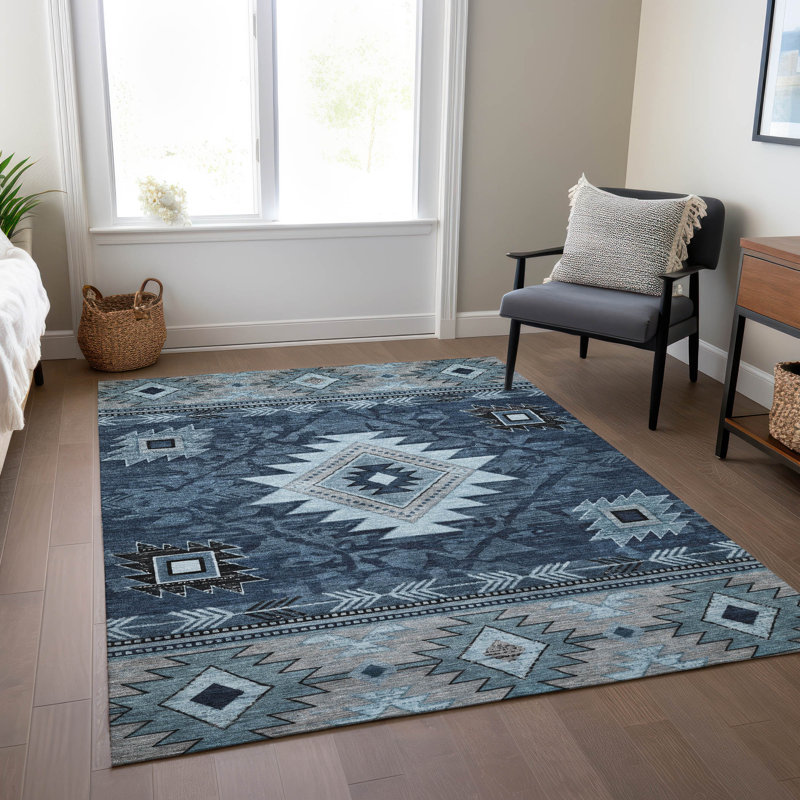 Tapis intérieur / extérieur bleu lavable à la machine Xhevrie, Rectangle 9 pi x 12 pi