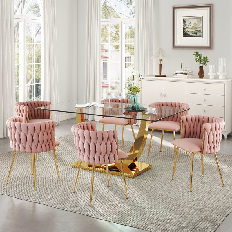 Ensemble de salle à manger rectangulaire à piédestal avec chaise tissée, H 29,5 po x L 63 po x l 35,4 po - or, Rose, Doré