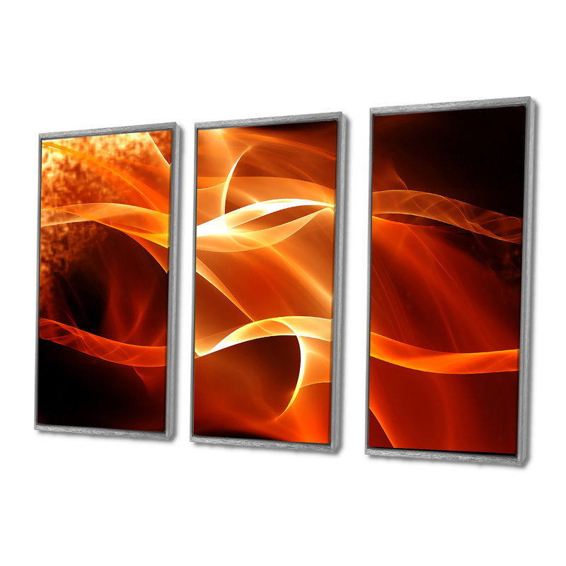 Orange 3D abstrait fractal vagues - ensemble abstrait d'art mural sur toile encadrée de 3, H 28 po x l 36 po, Argent