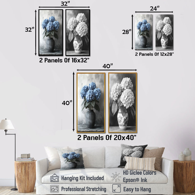 Hydrangea In Monochrome Vase I - Floral Canvas Prints 2 Panels, 28" H x 25" W, Wrapped Canvas