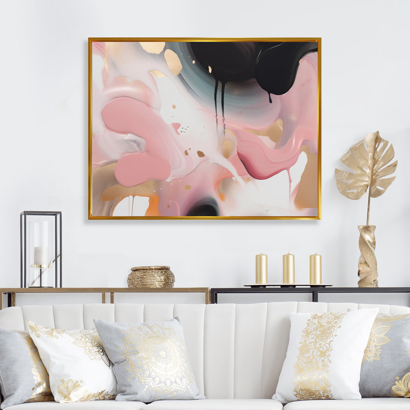 Rose et or «Inner Worlds of Marble II», art abstrait sur toile marbrée, H 16 po x l 32 po x P 1 po