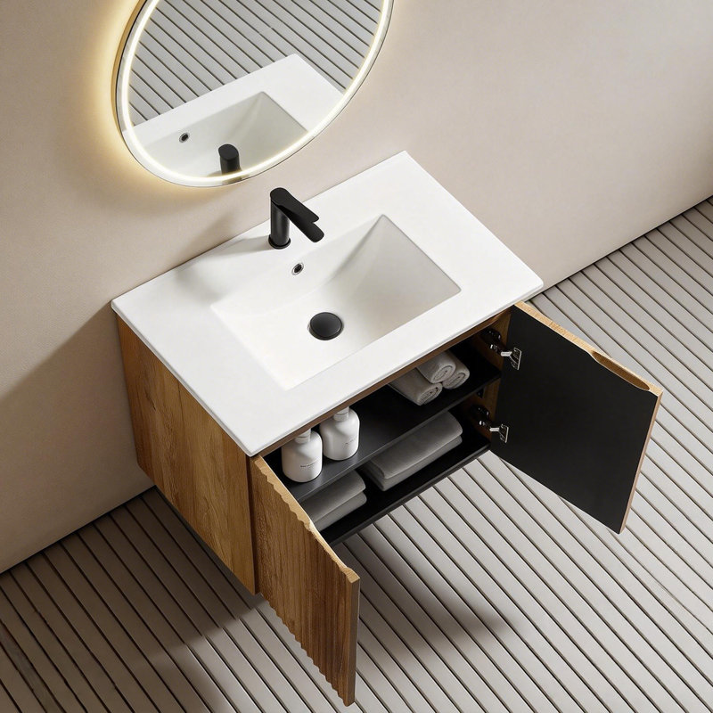 30 Inch Foldable Bathroom Vanity With Sink & Soft-Close Doors - Quick 30-Second Wall-Mount Installation, Shaker Style With Adjustable Shelf