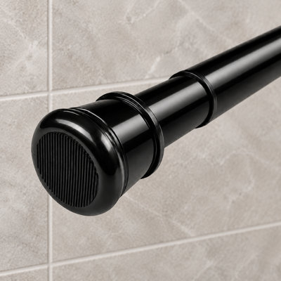 Une tringle à rideau de douche à ressort robuste en acier inoxydable noir, réglable de 23 à 58 pouces ; sa conception sans perçage et antidérapante convient aux salles de bain, cuisines, fenêtres, placards et séparateurs de pièces.