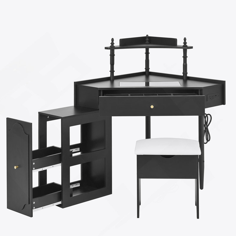 Corner Vanity Desk Set With Storage Cushioned Stool And Charging Station, Triangle Makeup Desk With Removable Pull-Out Side Cabinet, Glass Tabletop Makeup Vanity Desk With Drawer And Shelf, Black