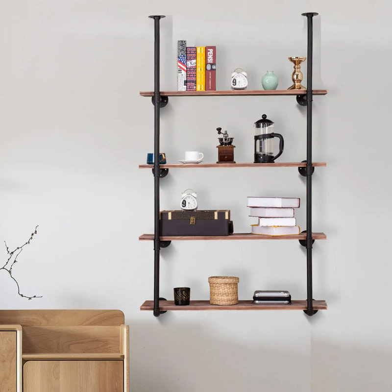 4 Tier Farmhouse D.I.Y Iron Pipe Shelf Wall Mount Open Bookshelf (Wooden board not included), 4 Tier