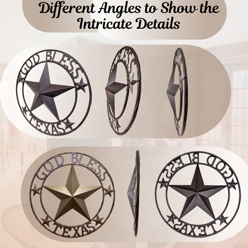 Metal Rustic Texas Wall Art Star Circle with "God Bless Texas" Sign 24"