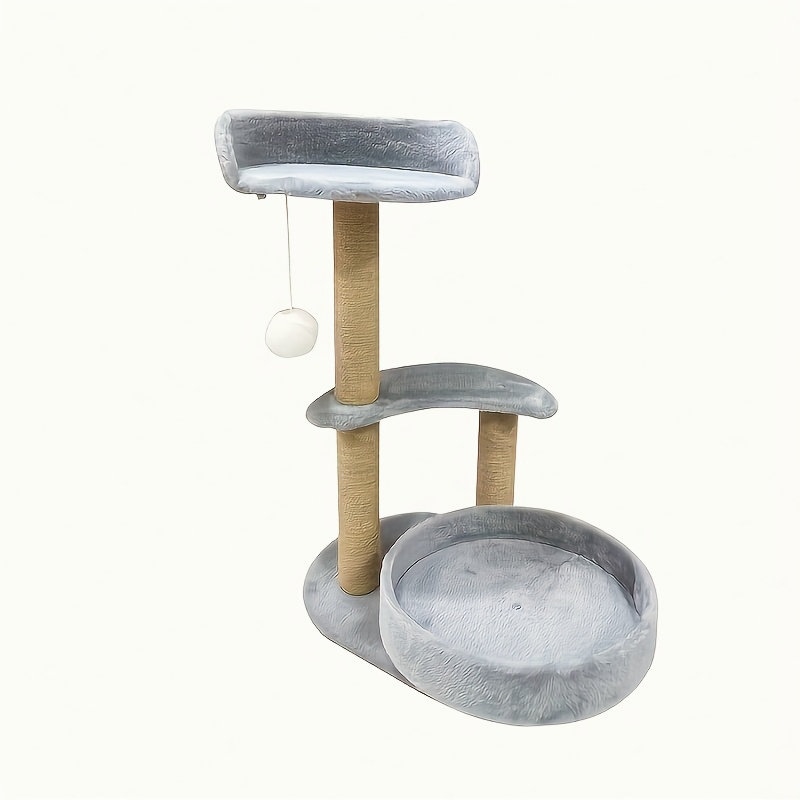 Multi-tiered cat tree with scratching posts and interactive ball toy