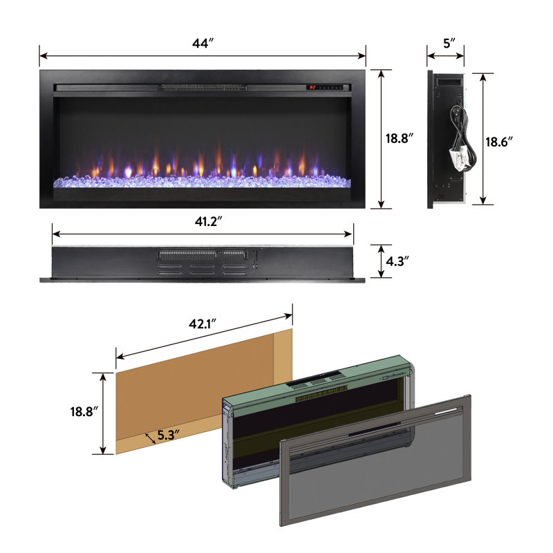 Foyer électrique encastré dans le mur avec télécommande, flamme multicolore et lit de braise, chauffe-lumière à DEL