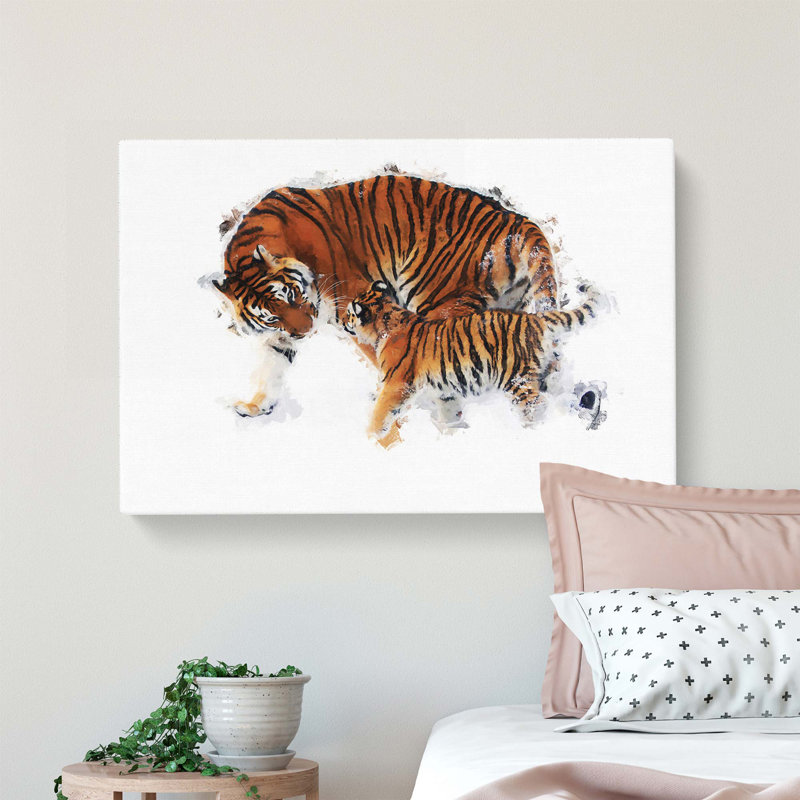 Mother Tiger & Cub In Winter In Abstract - Wrapped Canvas Painting, 35cm H x 50cm W x 3cm D