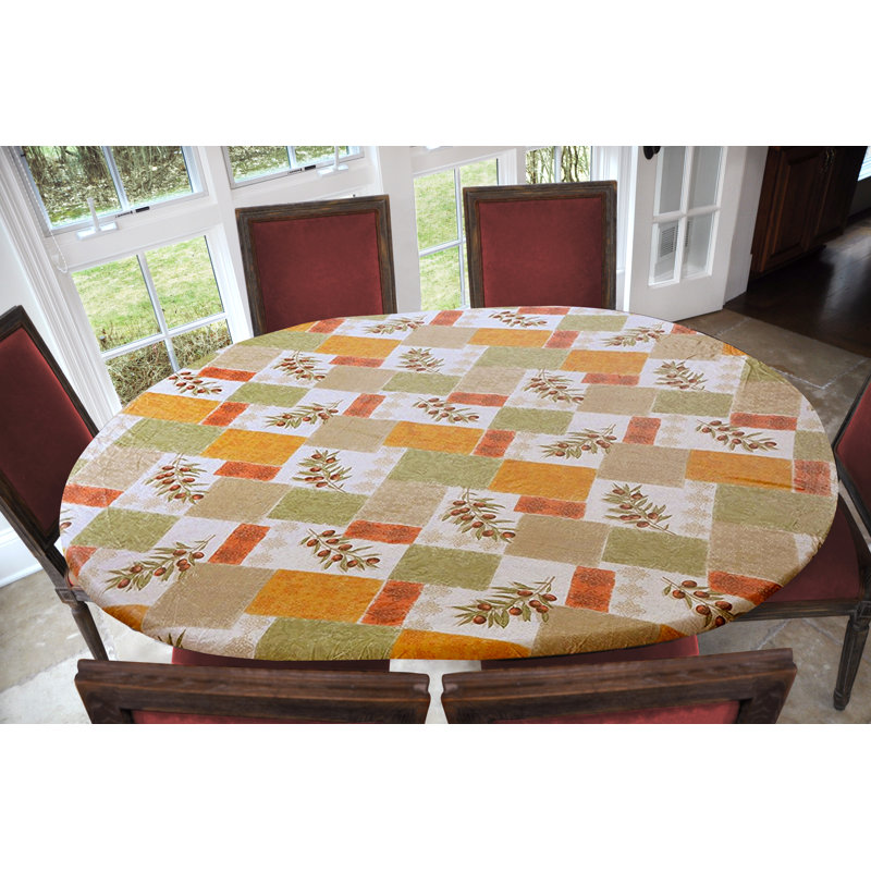 Red Barrel Studio® Deluxe Elastic Edged Flannel Backed Vinyl Fitted Table Cover - Olive Patch Pattern - Small Round - Fits Tables Up To 40" - 44" Diameter in , 48" x 68"