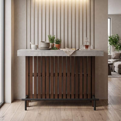 Modern Counter Height Sideboard with Storage Shelves, Marble-Style Top, Metal Footrest and Slatted Panel Details