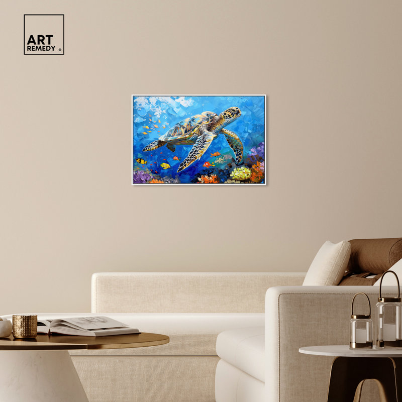 Colorful Coastal Turtle Swimming Canvas Wall Art with White Frame