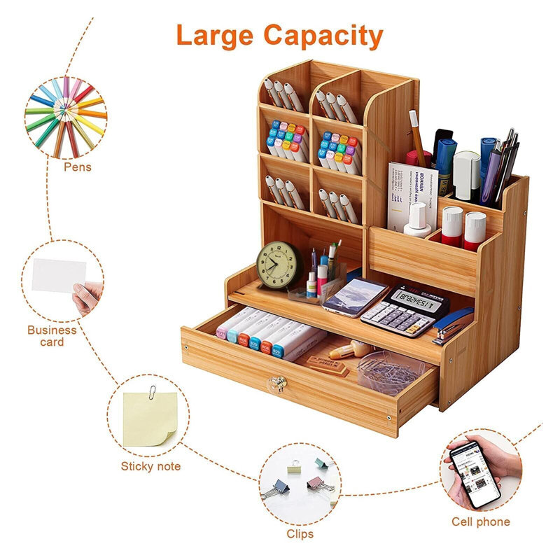 Muti-Functional Wooden Pen Pot Pencil Ruler Storage Holder Desktop Study Office with Drawer