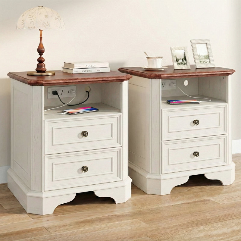 Set of 2  24" Traditional Nightstand with Charging Station with Open Storage Shelf, Set of 2, Distressed White