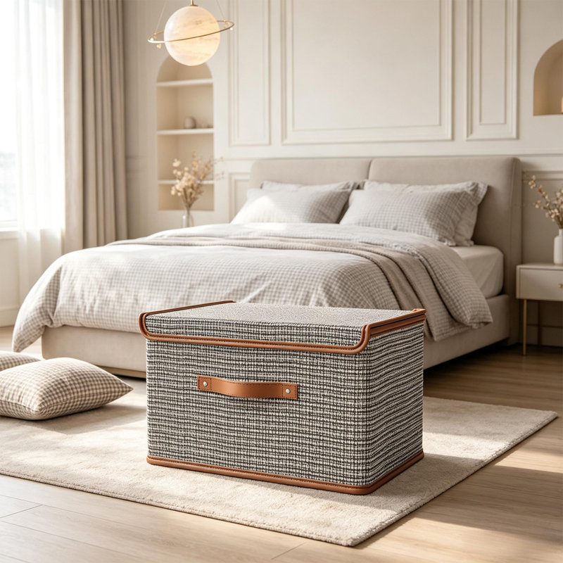 Bac de rangement pliable en tissu avec couvercle, boîte de rangement pliable d'aspect lin avec poignée en cuir pour rangement pour garde-robe, chambre à coucher, chambre de dortoir