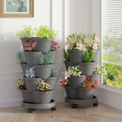 Soban 2 Pcs Strawberry Vertical Planter, 5 Tiered Stacking Garden Tower, Stackable Herb Vegetable Planters With Support Pole Indoor And Outdoor