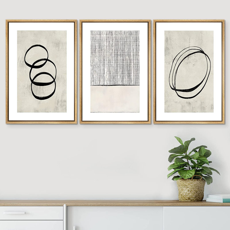 " Neutral Geometric Ring Grid Landscape Abstract Wall Art " 3 - Pieces, 24" H x 48" W, Natural