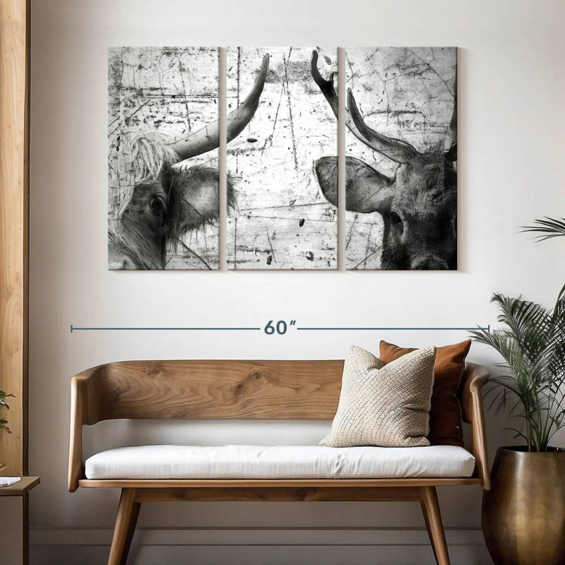 Vache et cerf Brampt - noir et blanc, H 32 po x l 50 po