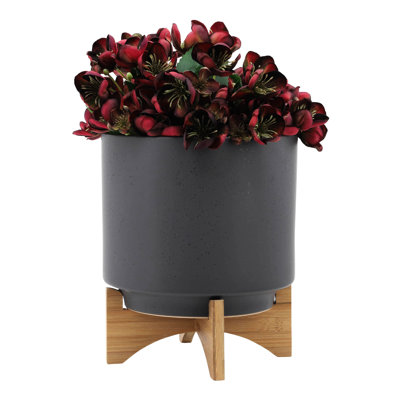 Jardinière en céramique 8/10 "S / 2 avec support en bois gris mat - Ajoute de l'élégance au support de décoration de chambre inclus, idéal pour l'anniversaire