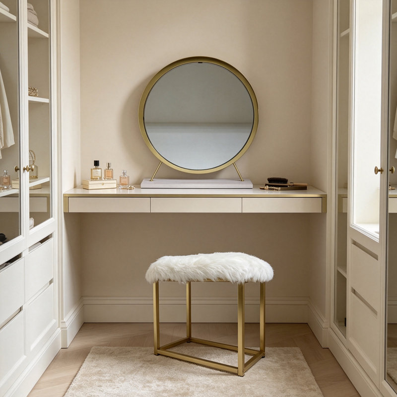 Tabouret de coiffeuse minimaliste moderne en fausse fourrure blanche avec structure en métal doré et miroir rond HD à base gris pâle