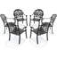 6 pièces de chaise de patio en fonte d'aluminium, structure noire, coussins bruns, fonte traditionnelle pour un look élégant, résistant aux intempéries et au revêtement, 6 pièces larges et empilables avec structure