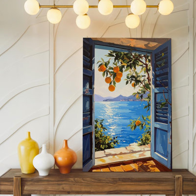 Toile méditerranéenne vue sur toile, scène de bord de mer avec oranges, art mural sur toile prêt à accrocher, décoration moderne