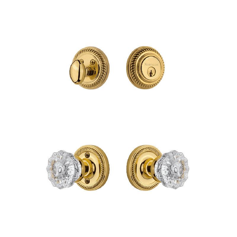 Nostalgic Warehouse Rope Rosette Entry Set with Crystal Knob, Unlacquered Brass, 2.375